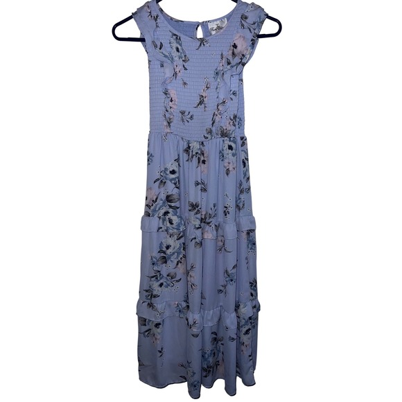 Rare Editions Other - Rare Editions Girls Blue Floral Smocked Tiered Ruffle Maxi Dress Size 10